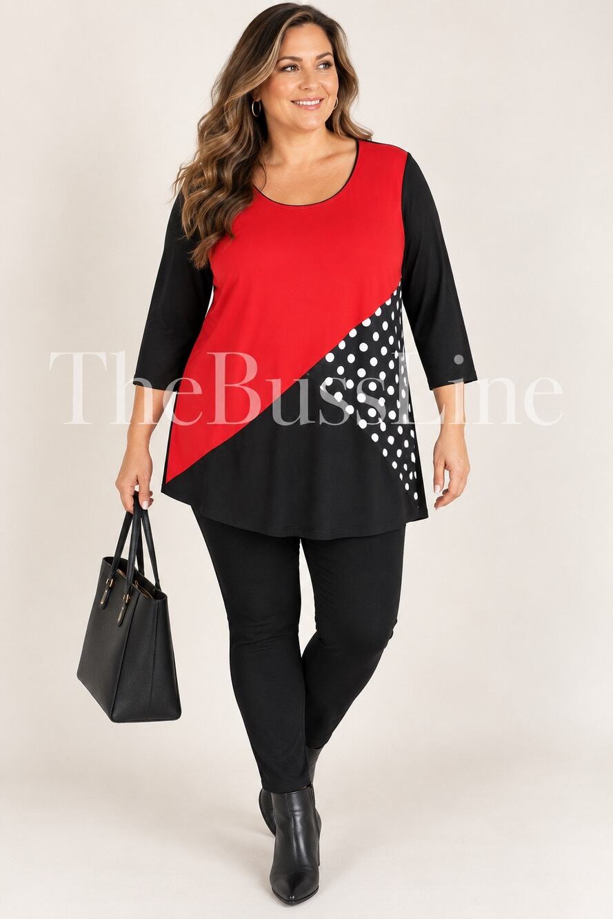 Star Vixen Tunic Top XL Red Black Polka Dot Colorblock 3/4 Sleeve Stretch